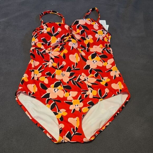 Red and Orange Floral One Piece Swimsuit with Sweetheart Neckline - Picture 1 of 4